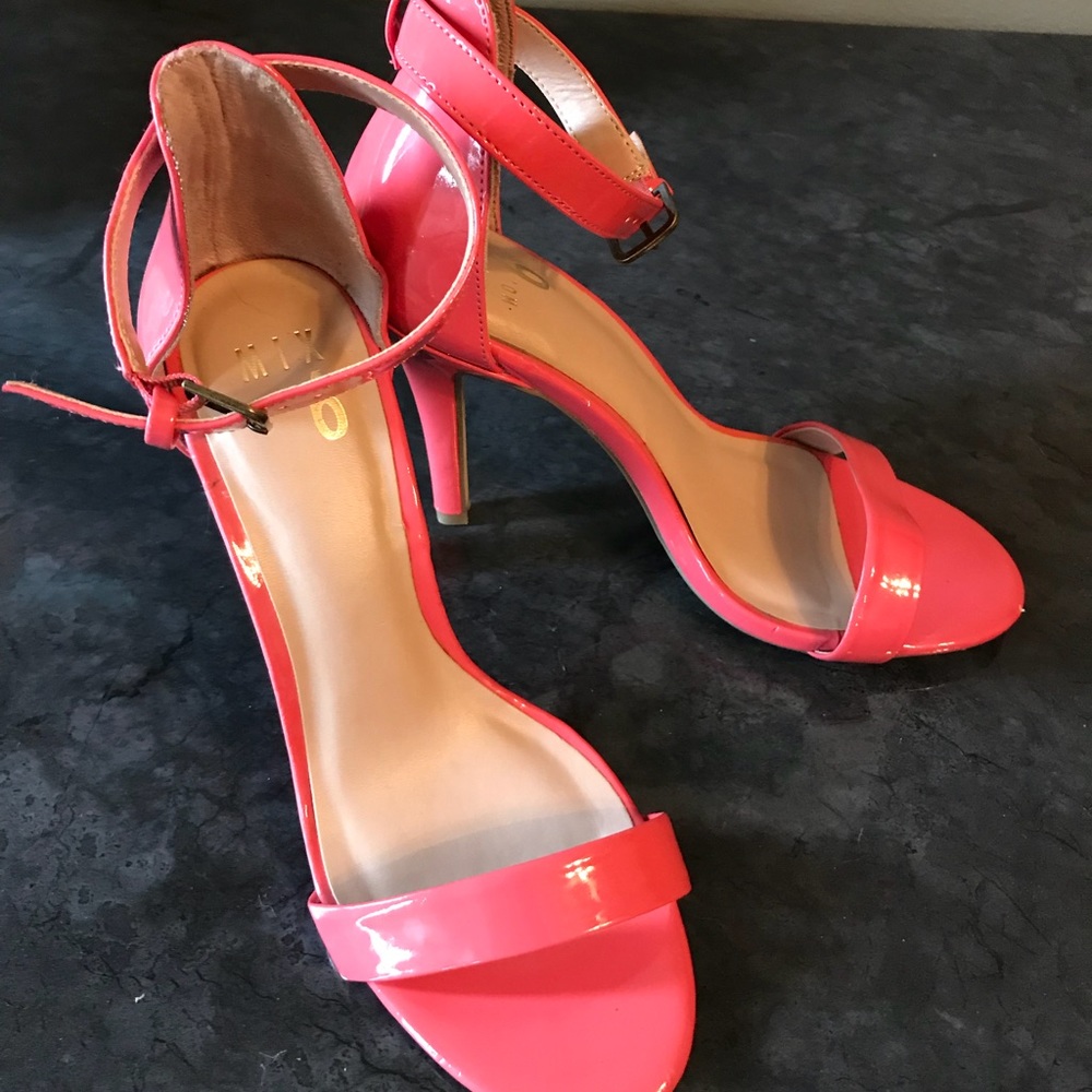 Pink/Salmon, open toe, ankle strap heels